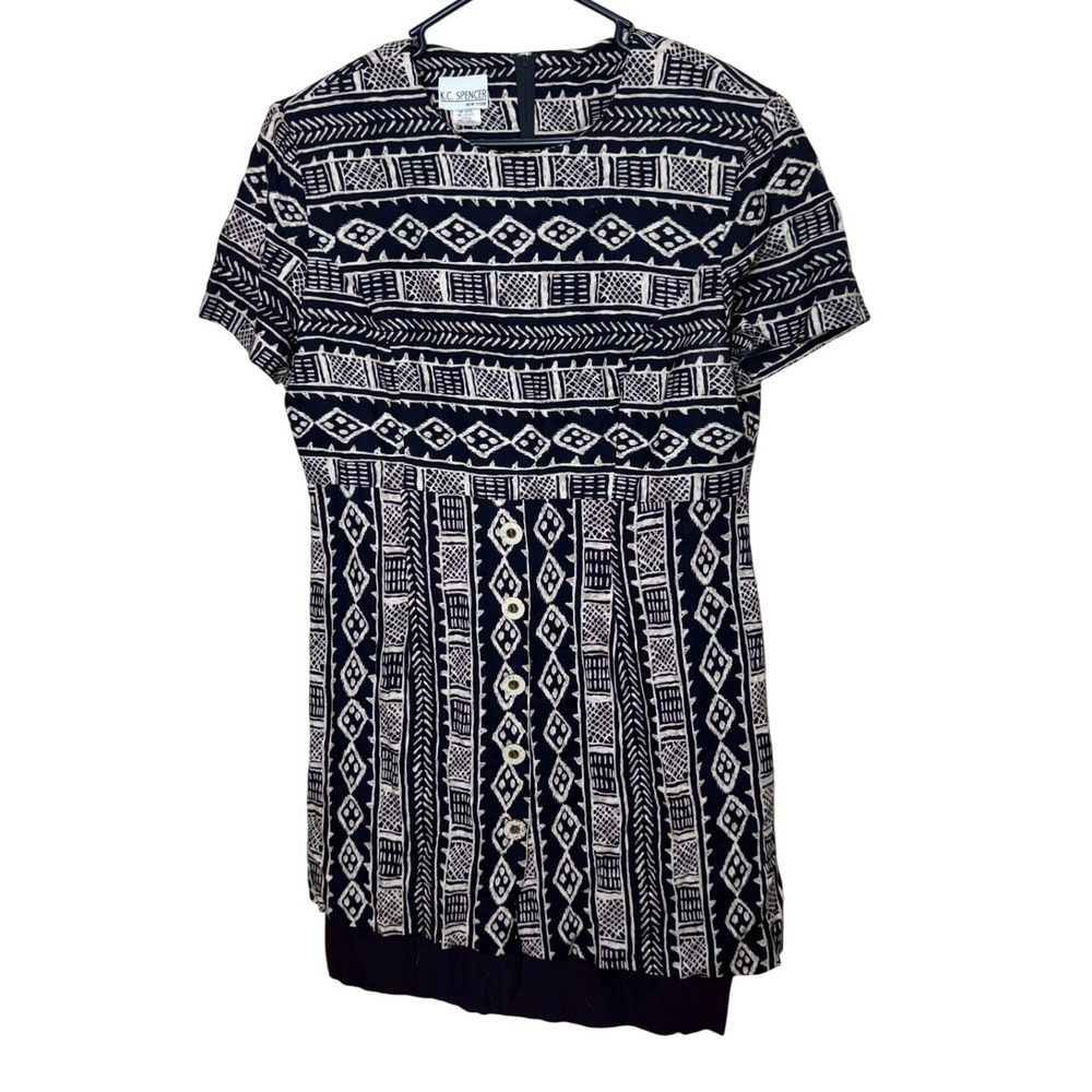 Vintage K.C. Spencer NY Navy Geometric Print Dress Sz 16 Made in USA